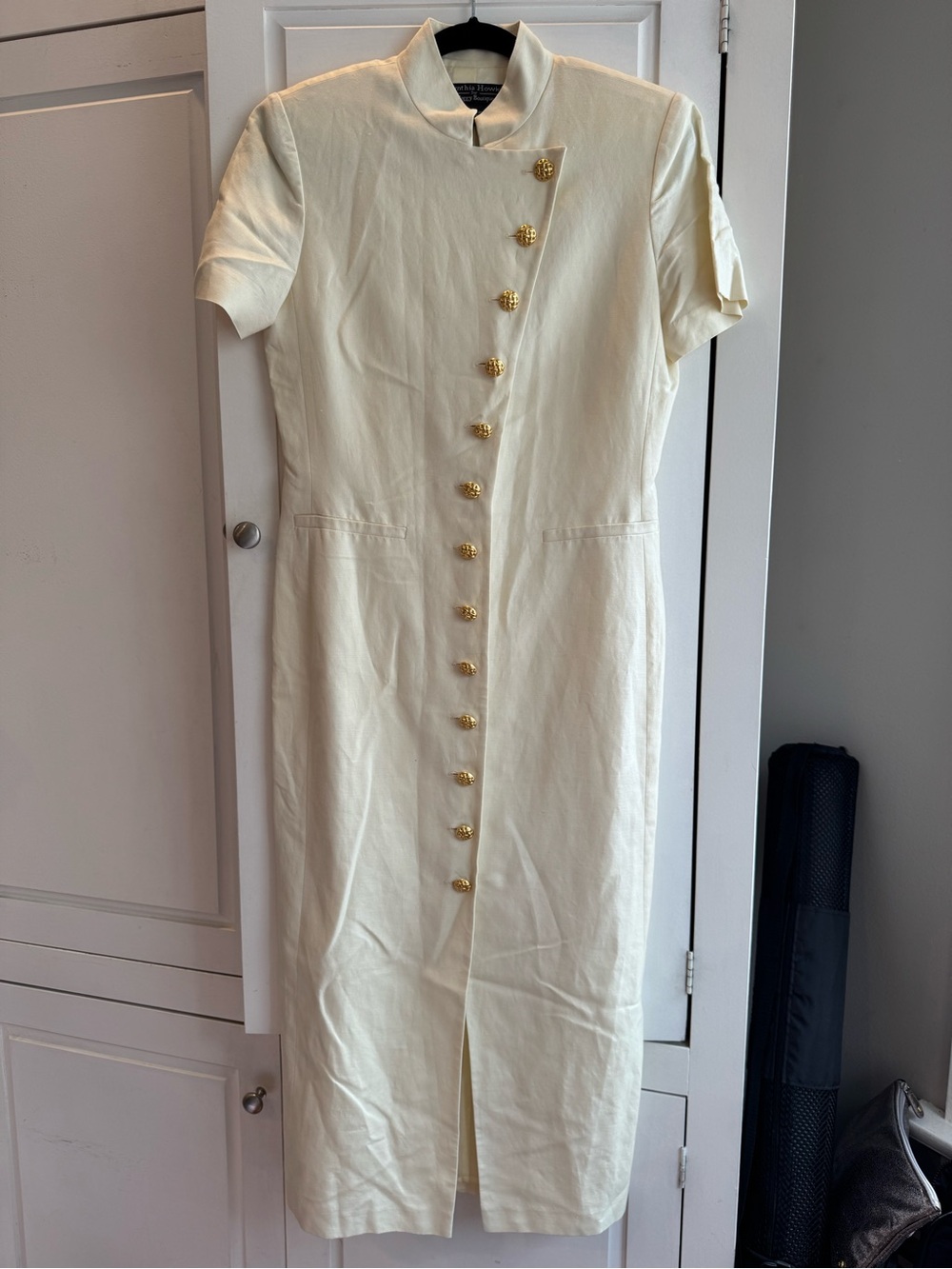 Cream Short-Sleeve Maxi Dress with Gold Buttons